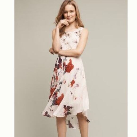 Varun Bahl Anthropologie Floral Print Swing Dress Women's Size 2 Ivory High Low - Picture 1 of 8